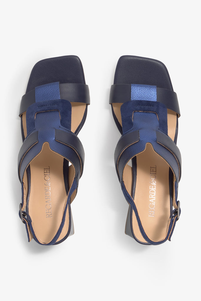 AMALIA-01 block-heel sandal in navy leather with elegant finish