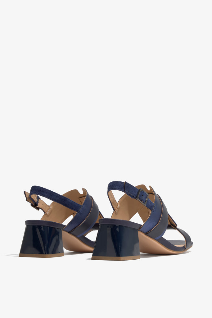 AMALIA-01 block-heel sandal in navy leather with elegant finish