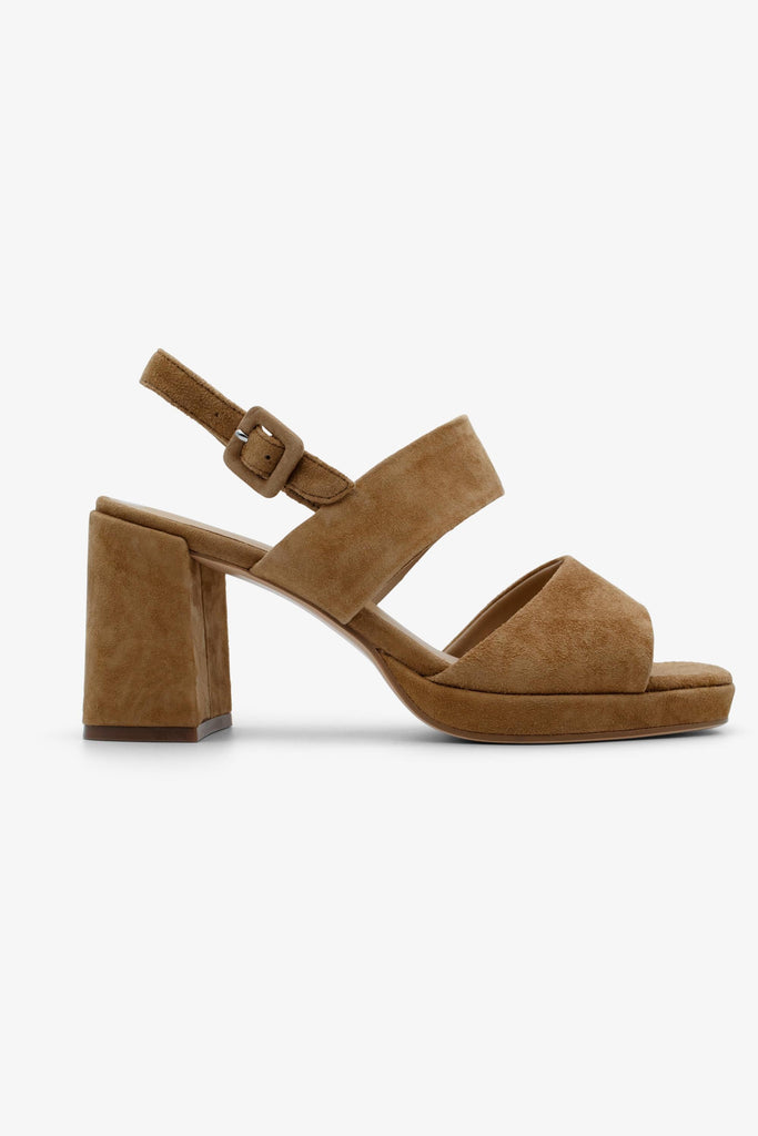 Leather heeled sandal ANNABEL-02 in Cuoio with stitching and buckle
