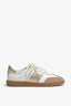 Grisel-01 white leather sneakers by Regarde Le Ciel with gold platino side panel, beige suede toe, gold platino heel tab, and gum sole.