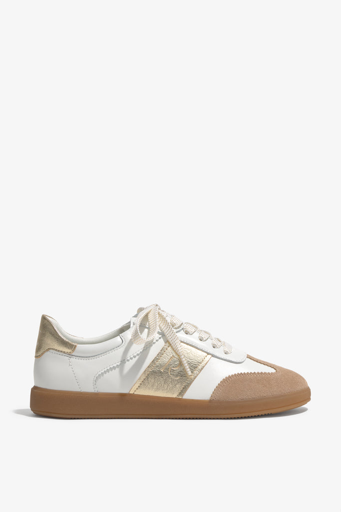 Grisel-01 white leather sneakers by Regarde Le Ciel with gold platino side panel, beige suede toe, gold platino heel tab, and gum sole.