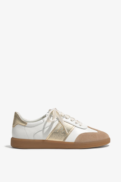 Grisel-01 white leather sneakers by Regarde Le Ciel with gold platino side panel, beige suede toe, gold platino heel tab, and gum sole.