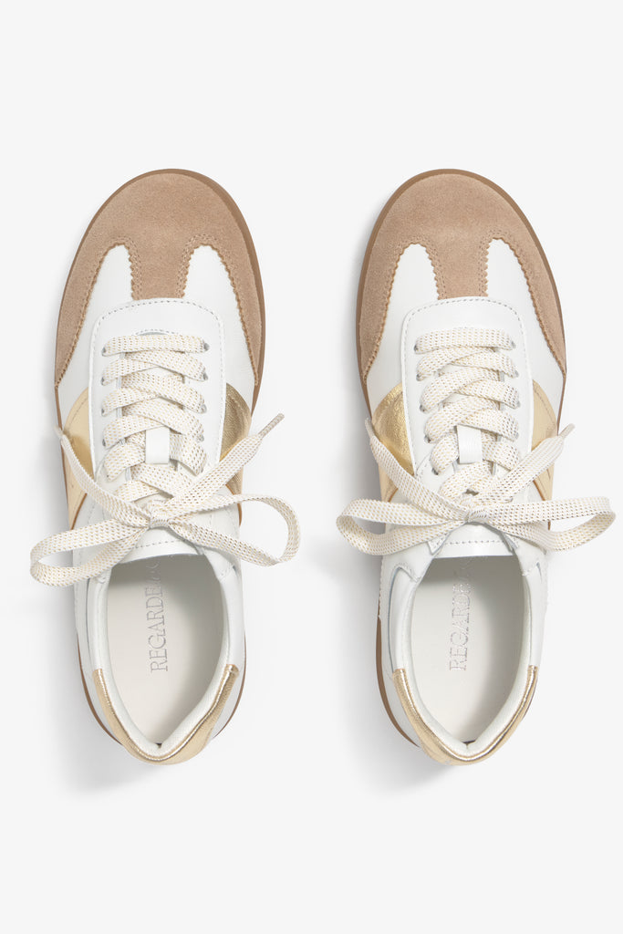 Grisel-01 white leather sneakers by Regarde Le Ciel with gold platino side panel, beige suede toe, gold platino heel tab, and gum sole.