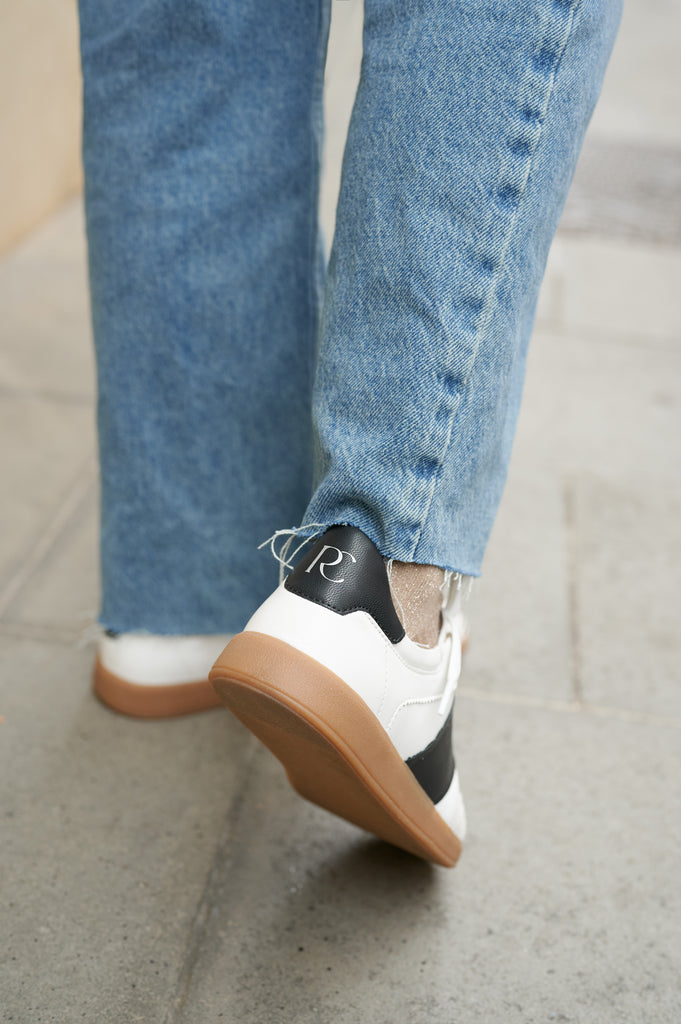 Grisel-01 white leather sneakers by Regarde Le Ciel with black side panel, beige suede toe, black heel tab, and gum sole.