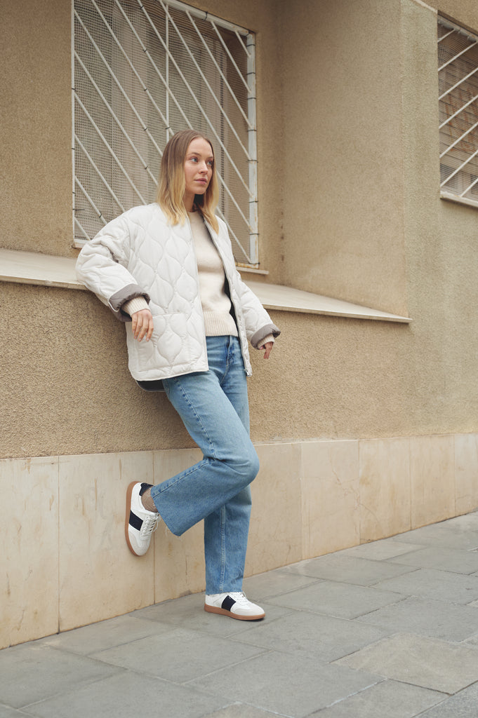 Grisel-01 white leather sneakers by Regarde Le Ciel with black side panel, beige suede toe, black heel tab, and gum sole.