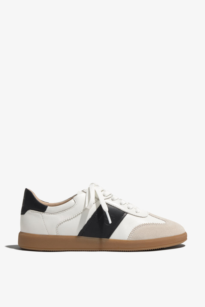 Grisel-01 white leather sneakers by Regarde Le Ciel with black side panel, beige suede toe, black heel tab, and gum sole.