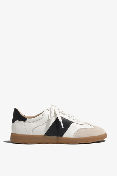 Grisel-01 white leather sneakers by Regarde Le Ciel with black side panel, beige suede toe, black heel tab, and gum sole.