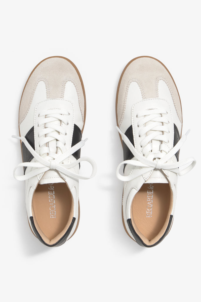 Grisel-01 white leather sneakers by Regarde Le Ciel with black side panel, beige suede toe, black heel tab, and gum sole.