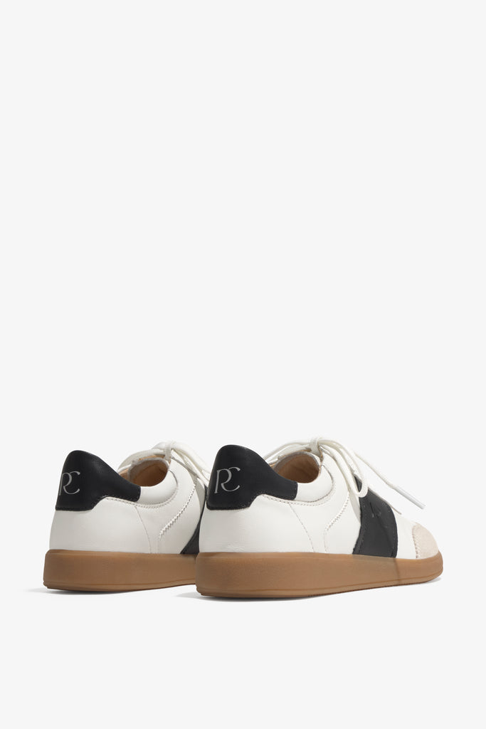 Grisel-01 white leather sneakers by Regarde Le Ciel with black side panel, beige suede toe, black heel tab, and gum sole.
