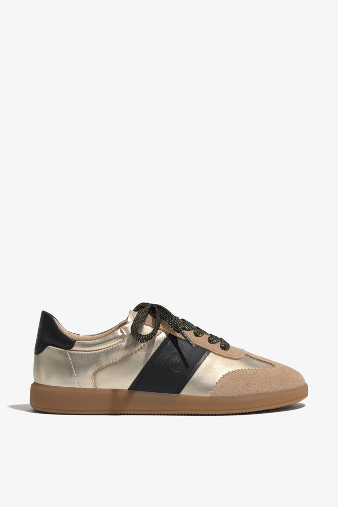 Grisel-01 gold platino leather sneakers by Regarde Le Ciel with black side panel, beige suede toe, black heel tab, and gum sole.