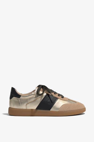 Grisel-01 gold platino leather sneakers by Regarde Le Ciel with black side panel, beige suede toe, black heel tab, and gum sole.