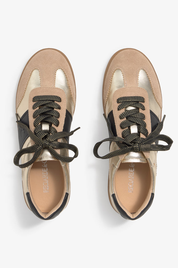 Grisel-01 gold platino leather sneakers by Regarde Le Ciel with black side panel, beige suede toe, black heel tab, and gum sole.