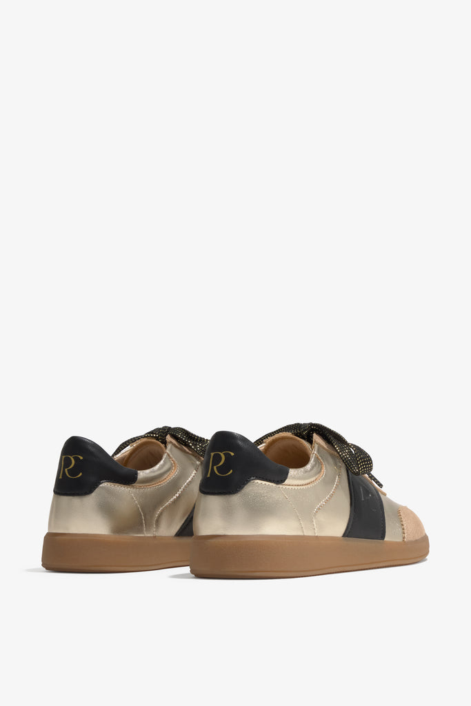 Grisel-01 gold platino leather sneakers by Regarde Le Ciel with black side panel, beige suede toe, black heel tab, and gum sole.