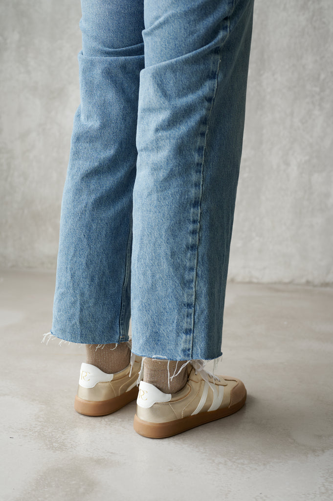 Grisel-02 gold platino leather sneakers by Regarde Le Ciel with white side panel, beige suede toe, white heel tab, and gum sole.