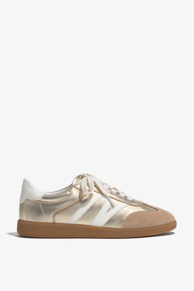 Grisel-02 gold platino leather sneakers by Regarde Le Ciel with white side panel, beige suede toe, white heel tab, and gum sole.