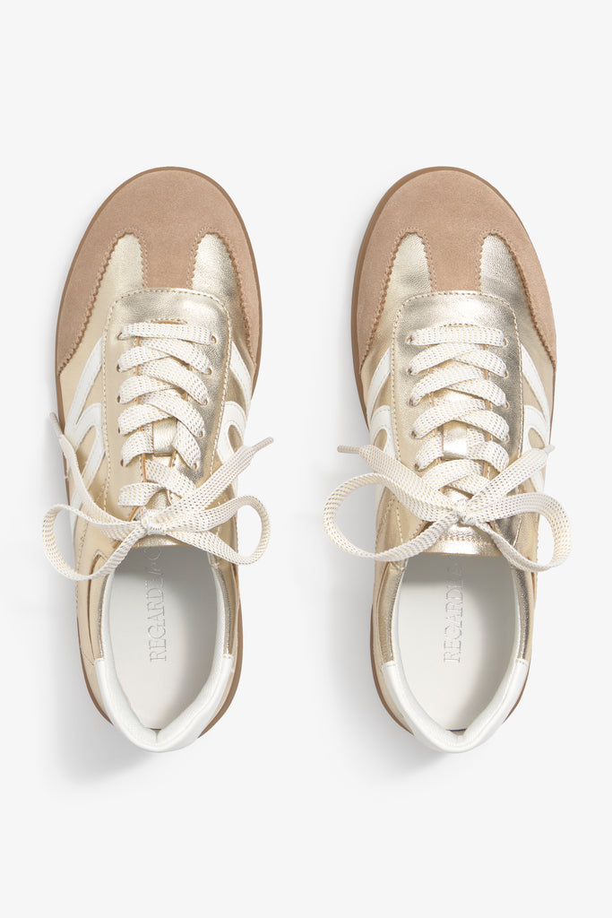 Grisel-02 gold platino leather sneakers by Regarde Le Ciel with white side panel, beige suede toe, white heel tab, and gum sole.