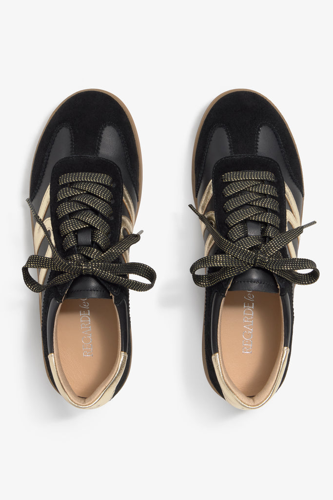 Grisel-02 black leather sneakers by Regarde Le Ciel with gold platino side panel, beige suede toe, gold platino heel tab, and gum sole.