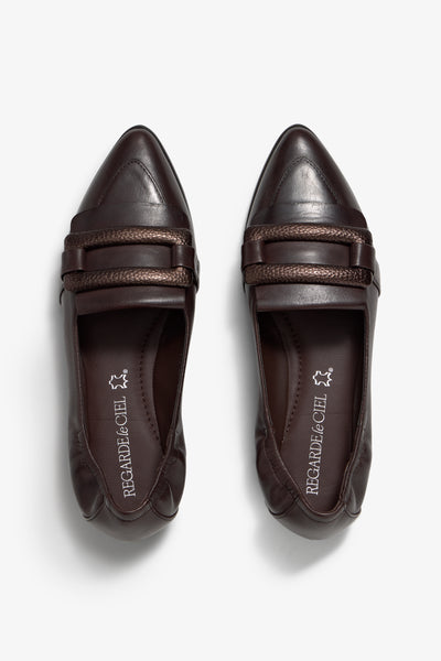 Castagno dark brown metallic leather ballerina with 14 mm block heel, sacchetto construction and rubber sole.