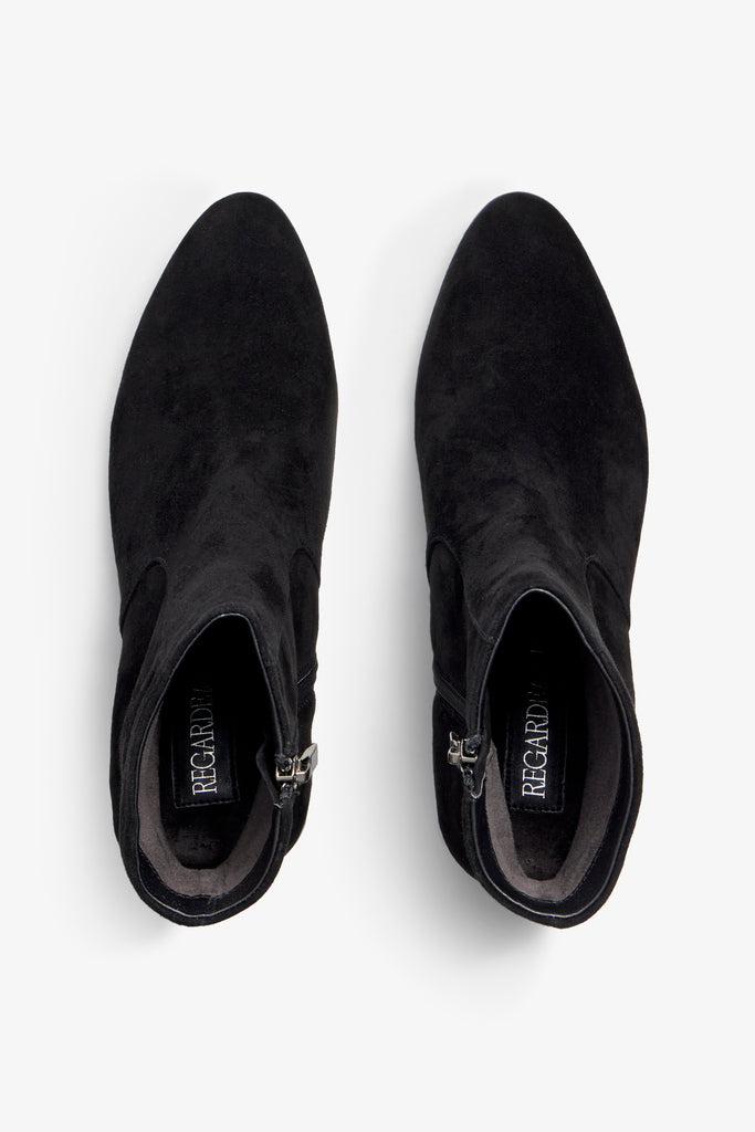 black suede ankle boot features 60mm heel, zipper, accentuated stitching, rubber sole, naplak block heel and memory foam footbed.