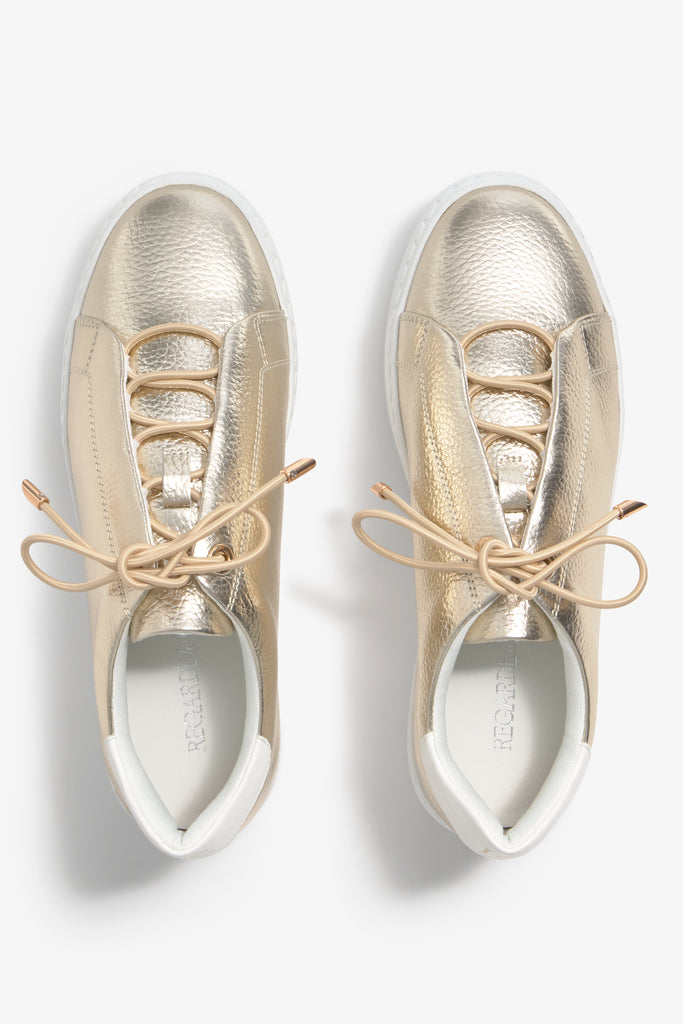 Nathaly-01 Platino leather sneakers by Regarde Le Ciel with gold side accents and gold-detailed laces.