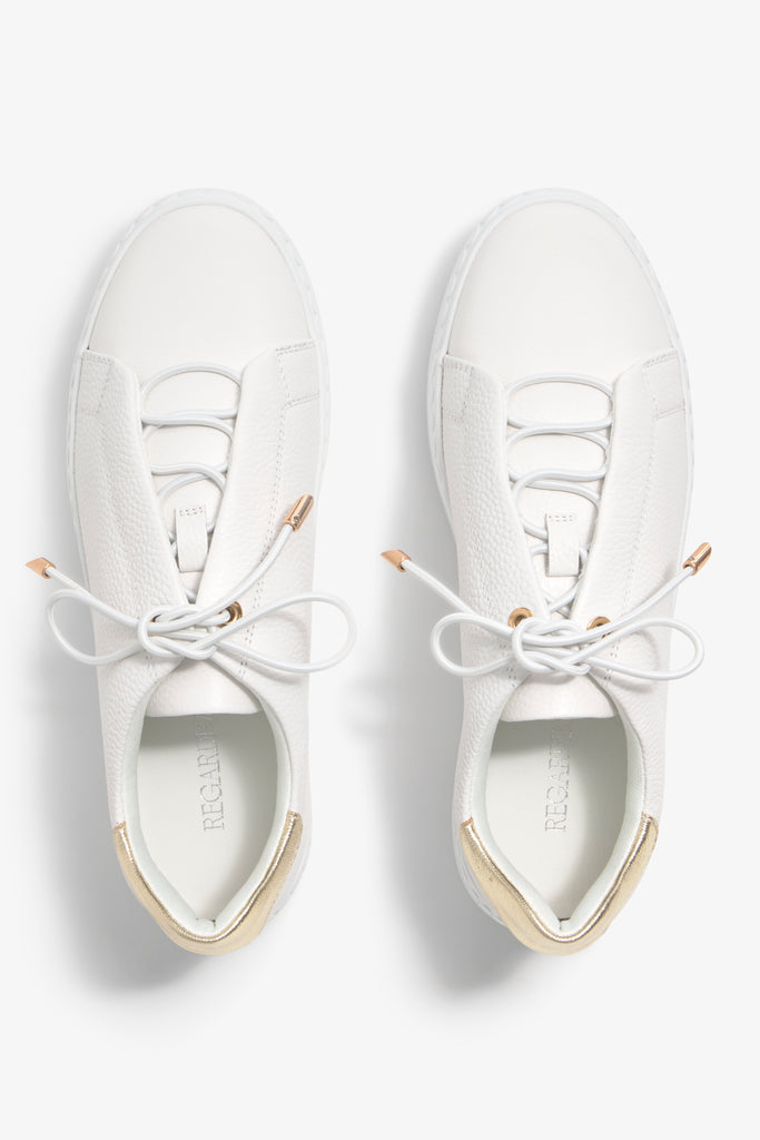 Nathaly-01 White Platino leather sneakers by Regarde Le Ciel with gold side accents and gold-detailed laces.