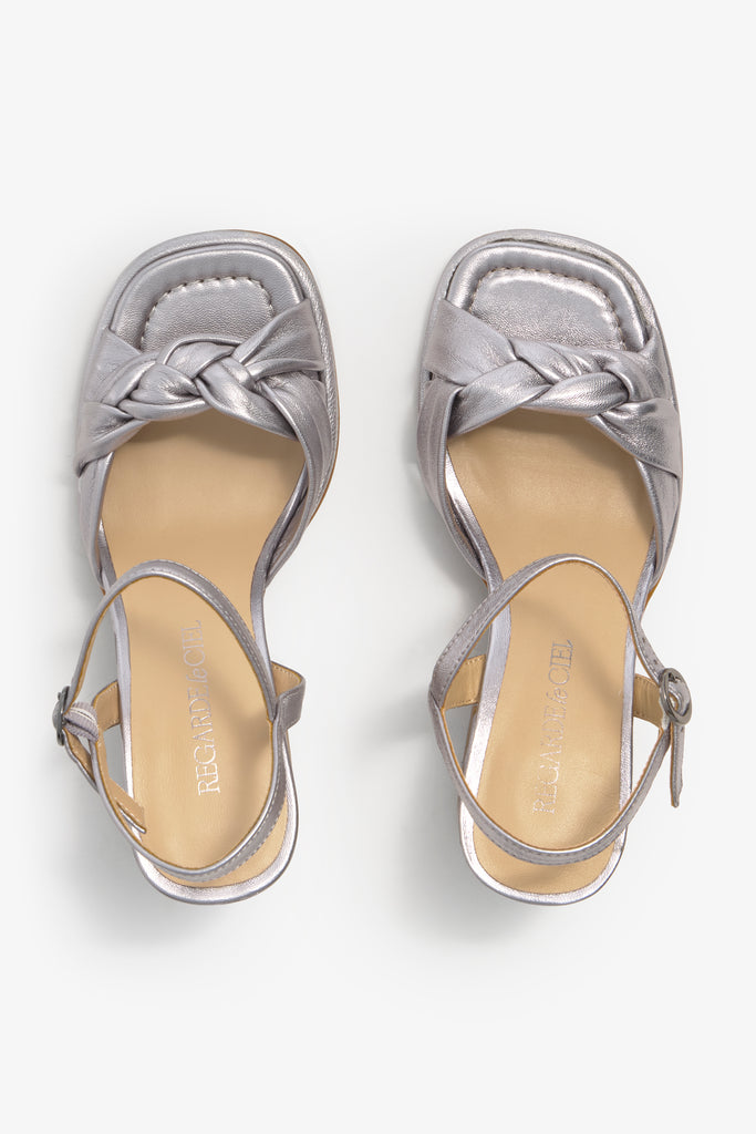 PERLA-01 block-heel sandal in steel leather with ankle strap