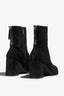 black suede leather ankle bootie, 65 mm, zipper, accentuated stitching, plateau, block heel, rubber sole.