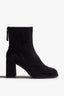 black suede leather ankle bootie, 65 mm, zipper, accentuated stitching, plateau, block heel, rubber sole.