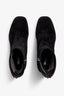 black suede leather ankle bootie, 65 mm, zipper, accentuated stitching, plateau, block heel, rubber sole.
