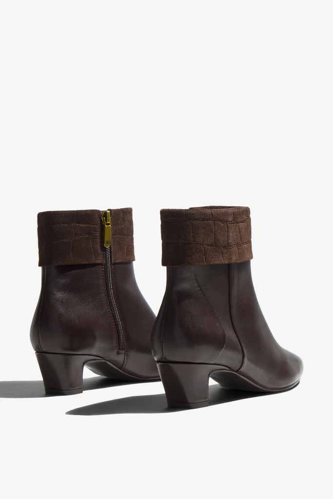 Barbara castagno leather ankle boot with suede fold-over cuff showing interior and opening - top view