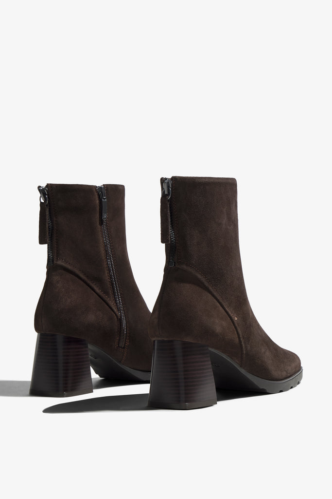 Cali testa di moro brown suede ankle boot showing interior opening - top view
