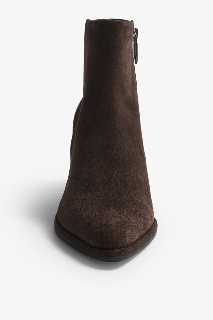 Eithel brown suede ankle boot with quilted fold-over cuff and block heel - back view
