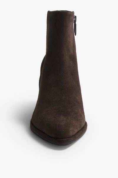 Eithel brown suede ankle boot with quilted fold-over cuff and block heel - back view