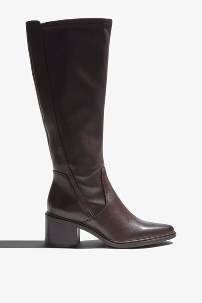 Elettra brown leather ankle boot with curved stitching detail and block heel - side view