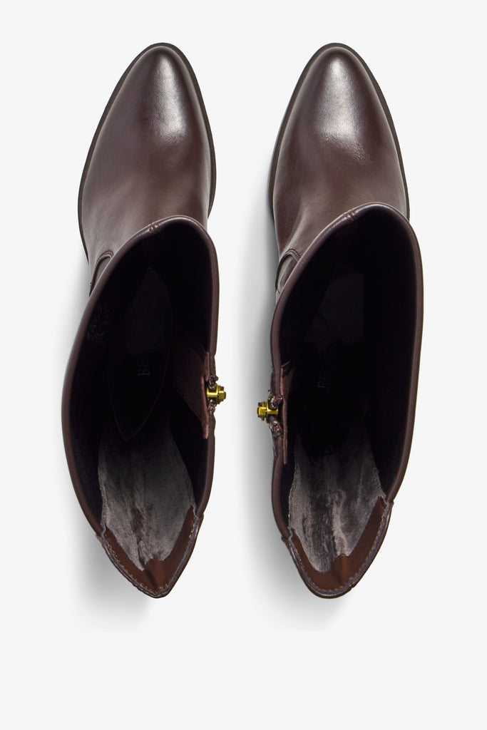 Elettra brown leather ankle boot with curved stitching detail and block heel - back view