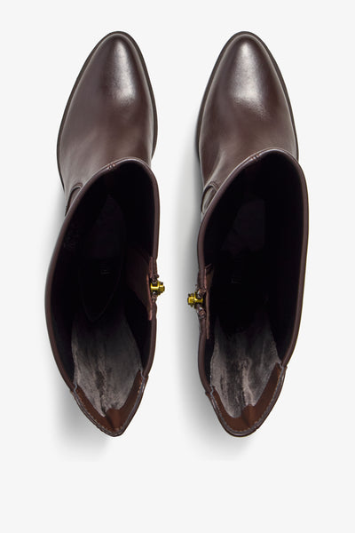 Elettra brown leather ankle boot with curved stitching detail and block heel - back view