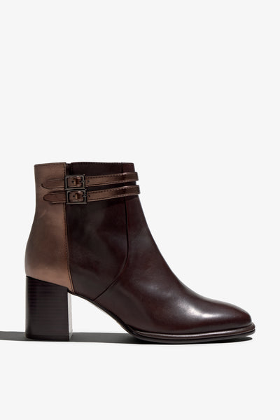 castagno dark brown and metallic brown leather ankle boot, 65 mm heel, zipper, accentuated stitching, rubber sole, plateau and buckle straps.