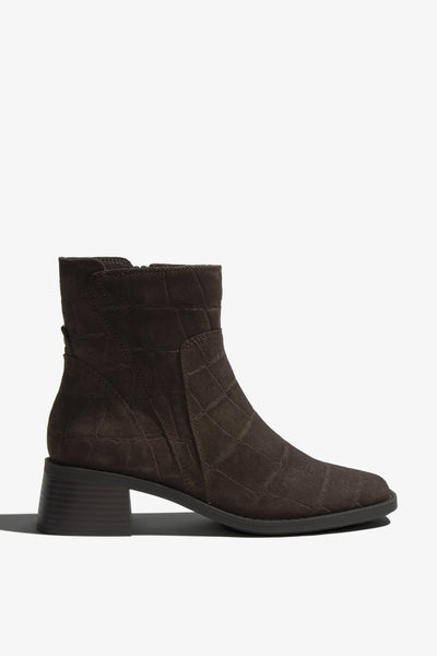 Lilla charcoal suede ankle boot with quilted shaft - side view