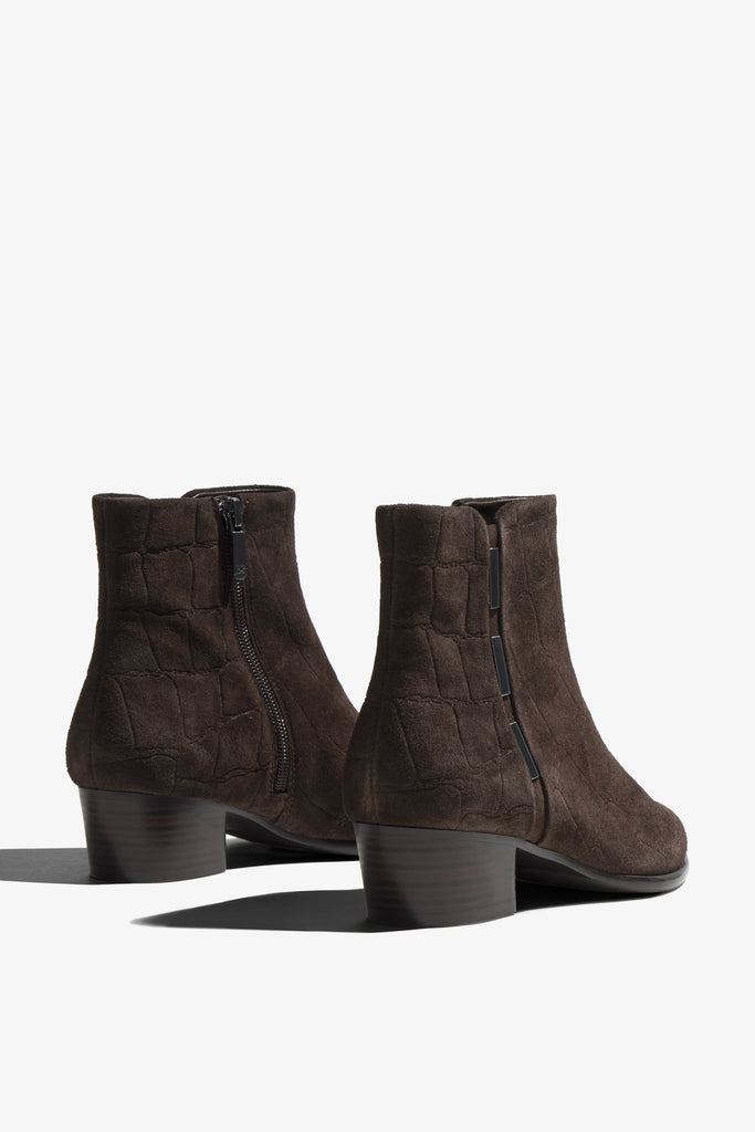 Lori brown suede ankle boot showing interior opening - top view