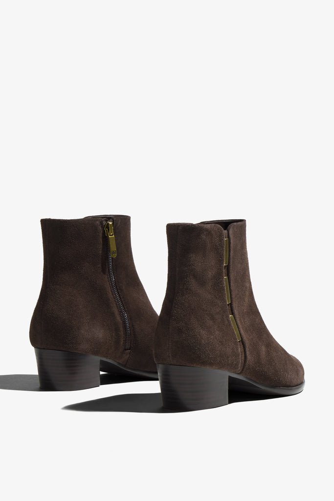 Lori brown suede ankle boot with block heel showing interior - top view