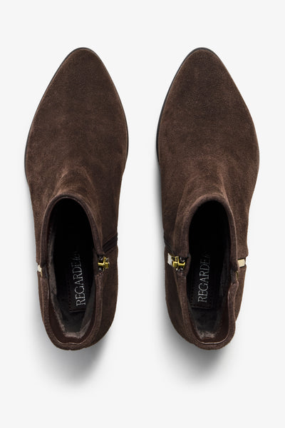 Lori brown suede ankle boot with block heel - back view