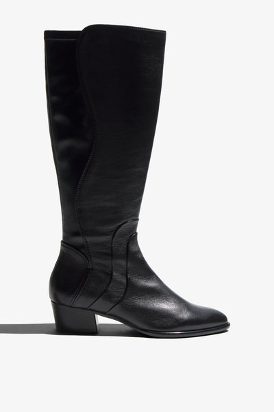 Lori black leather knee-high boot with ruched shaft and block heel - side view