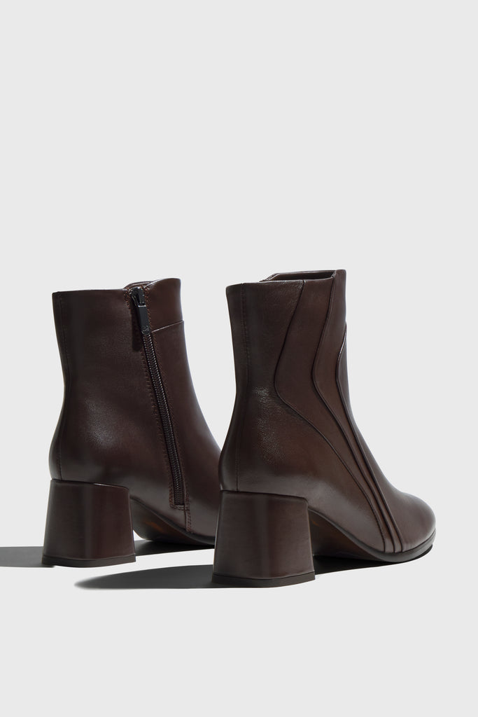Millie brown leather ankle boot with braided detail showing interior lining - top view