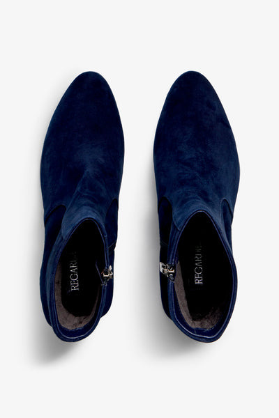navy suede ankle boot features 60mm heel, zipper, accentuated stitching, rubber sole, naplak block heel and memory foam footbed.