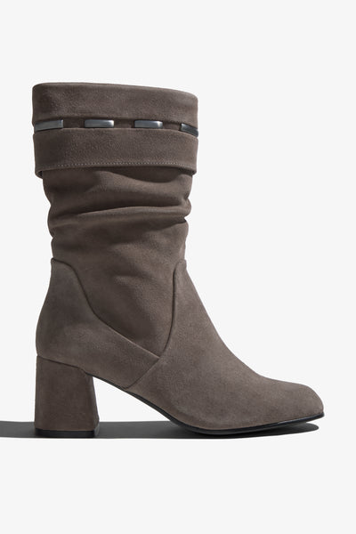 Neva taupe suede knee-high boot with ruched shaft - side view