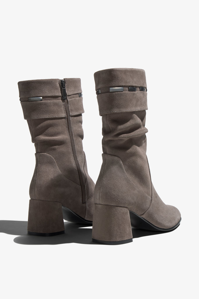 Neva taupe suede knee-high boot with ruched shaft - back view