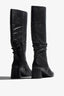 Neva black leather knee-high boot with ruched shaft showing interior - top view