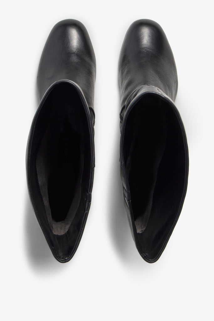 Neva black leather knee-high boot with ruched shaft and block heel - back view