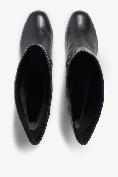 Neva black leather knee-high boot with ruched shaft and block heel - back view