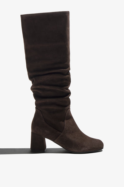 Neva brown suede knee-high boot with ruched shaft and block heel - side view